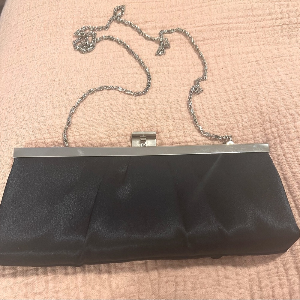 Navy Silk Clutch Purse With Silver Chain